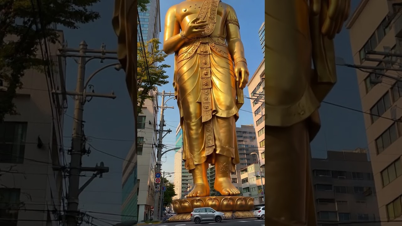 Praktfull gyllen Buddha-statue vandrer gjennom travle bygater #buddha
